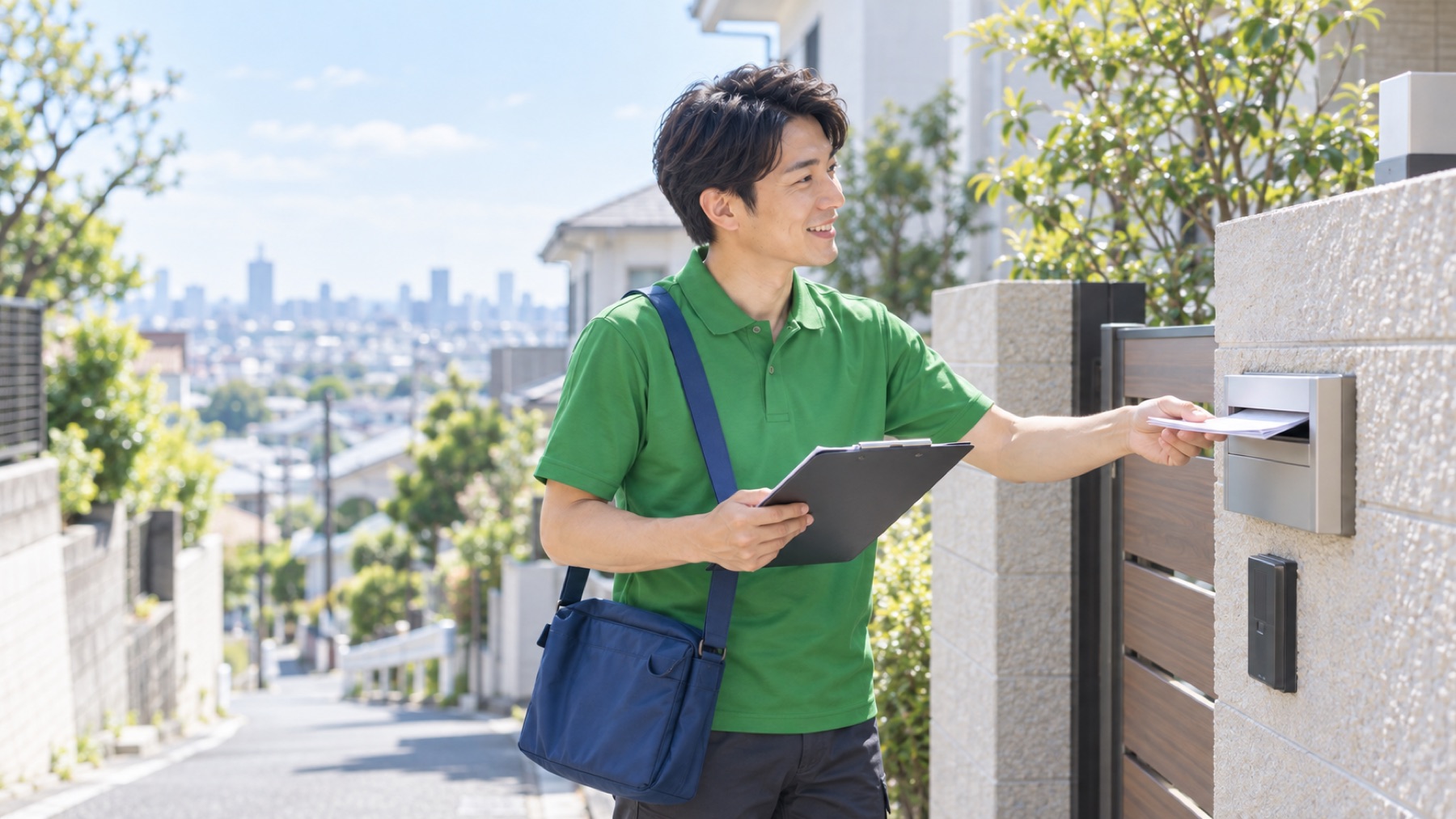 坂道の住宅街を巡回する運営・管理部門のスタッフの後ろ姿